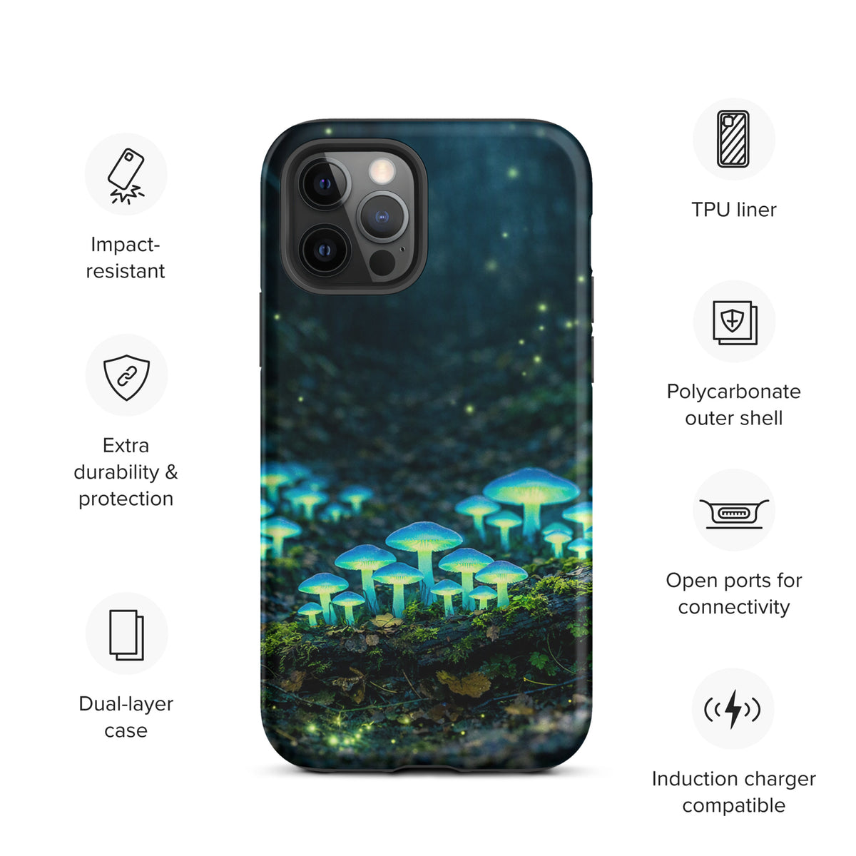 Phone Case for iPhone featuring glowing forest mushrooms with ethereal blue-green light on forest floor, impact-resistant, dual-layer design.