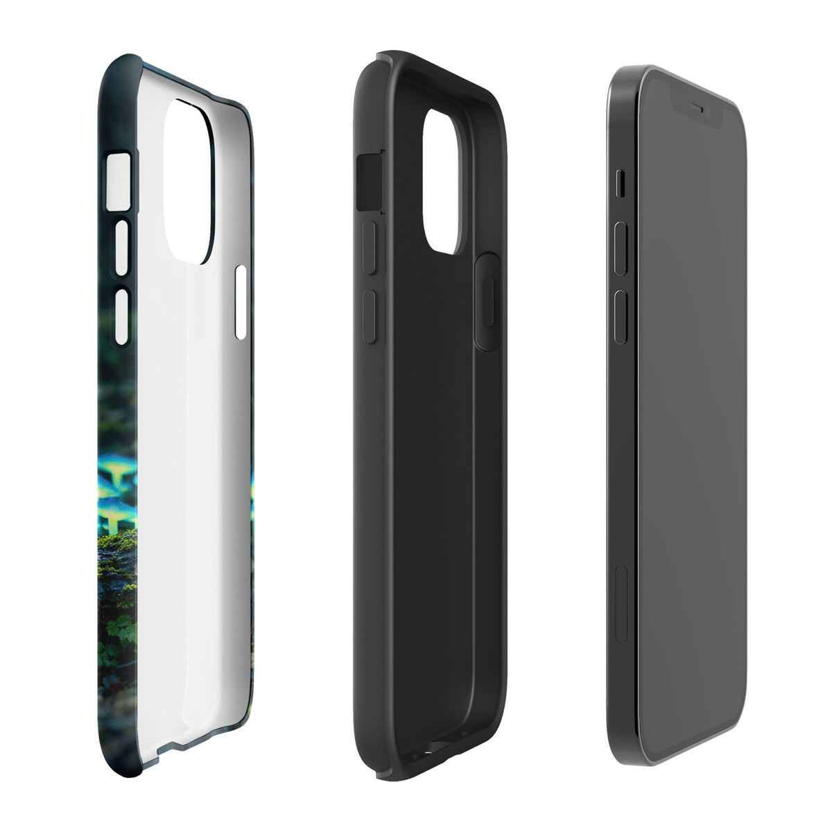 Phone Case for iPhone with glowing forest mushrooms design, showcasing bioluminescent mushrooms in ethereal blue-green hues.