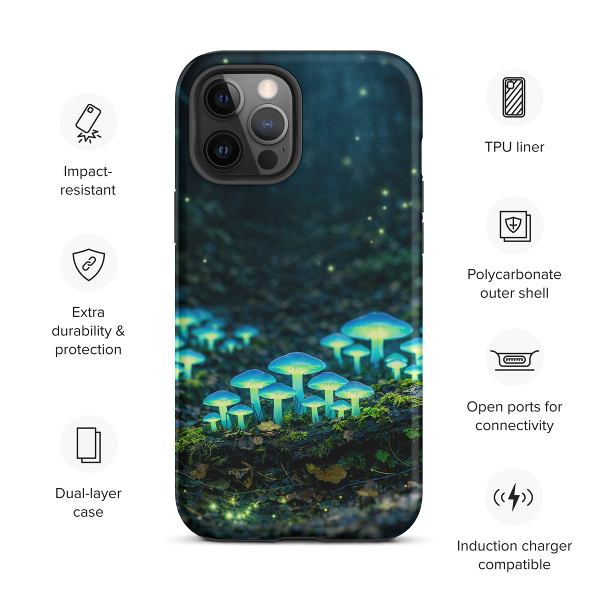 Phone Case with glowing forest scene of bioluminescent mushrooms, featuring dual-layer protection and induction charger compatibility.