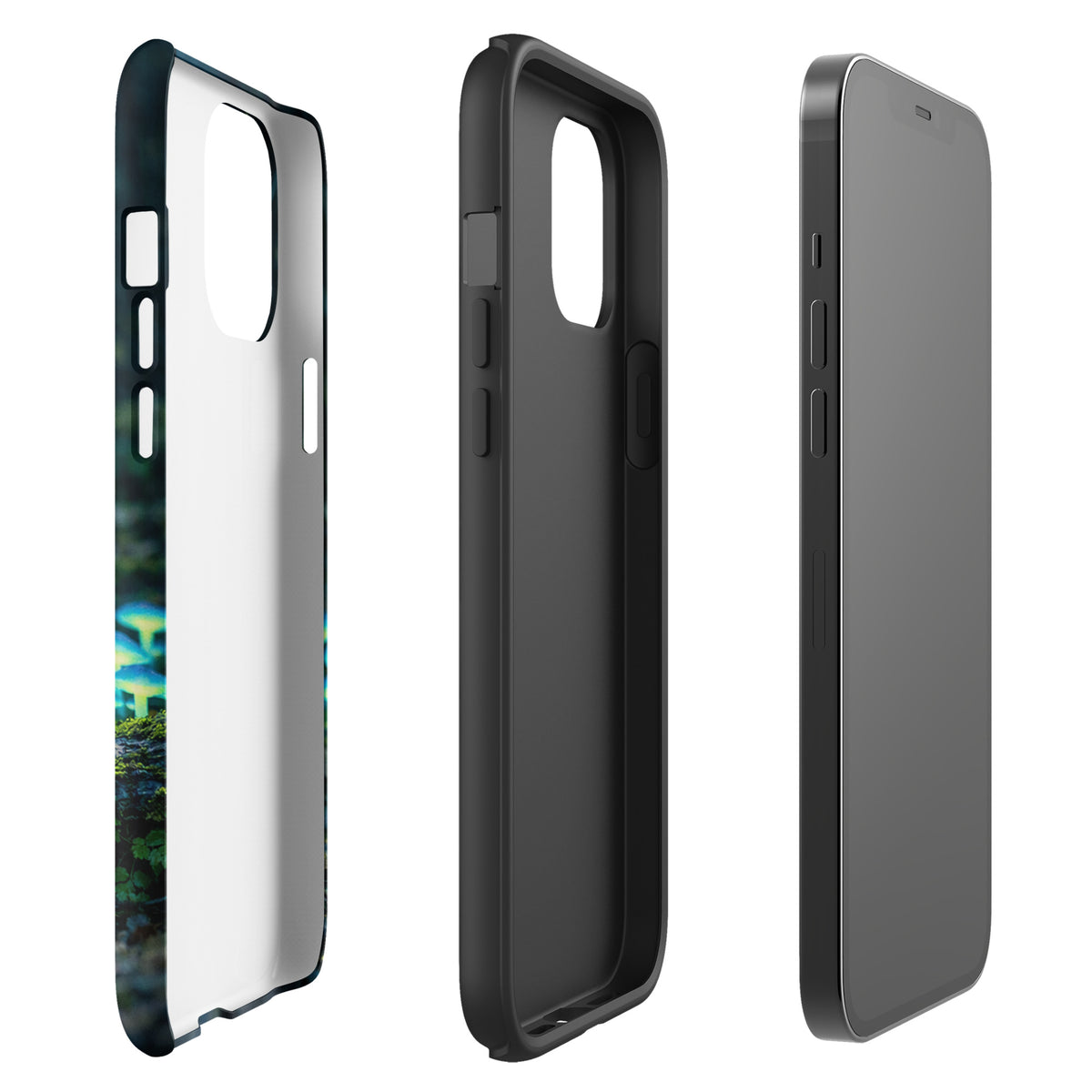 Phone Case for iPhone features glowing forest mushrooms with ethereal blue-green glow, creating a magical woodland scene.