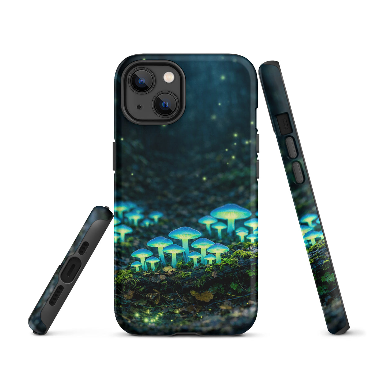 Phone Case with glowing forest mushrooms design, featuring bioluminescent mushrooms in blue-green hues for iPhone.