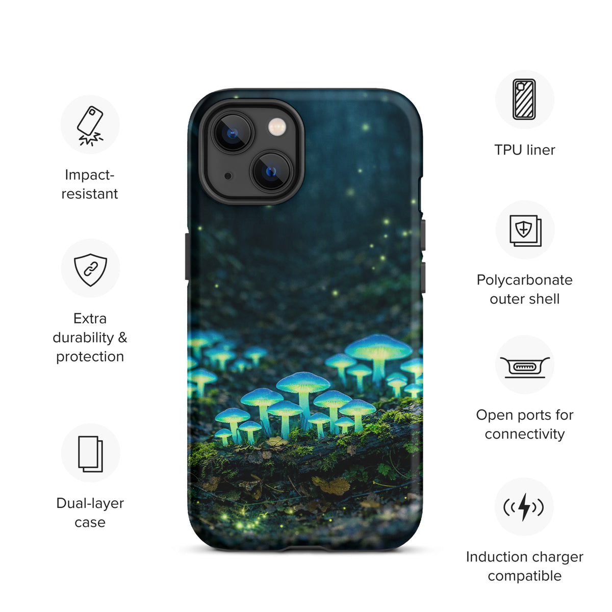 Phone Case for iPhone featuring glowing forest mushrooms with ethereal blue-green light, impact-resistant and dual-layer design.