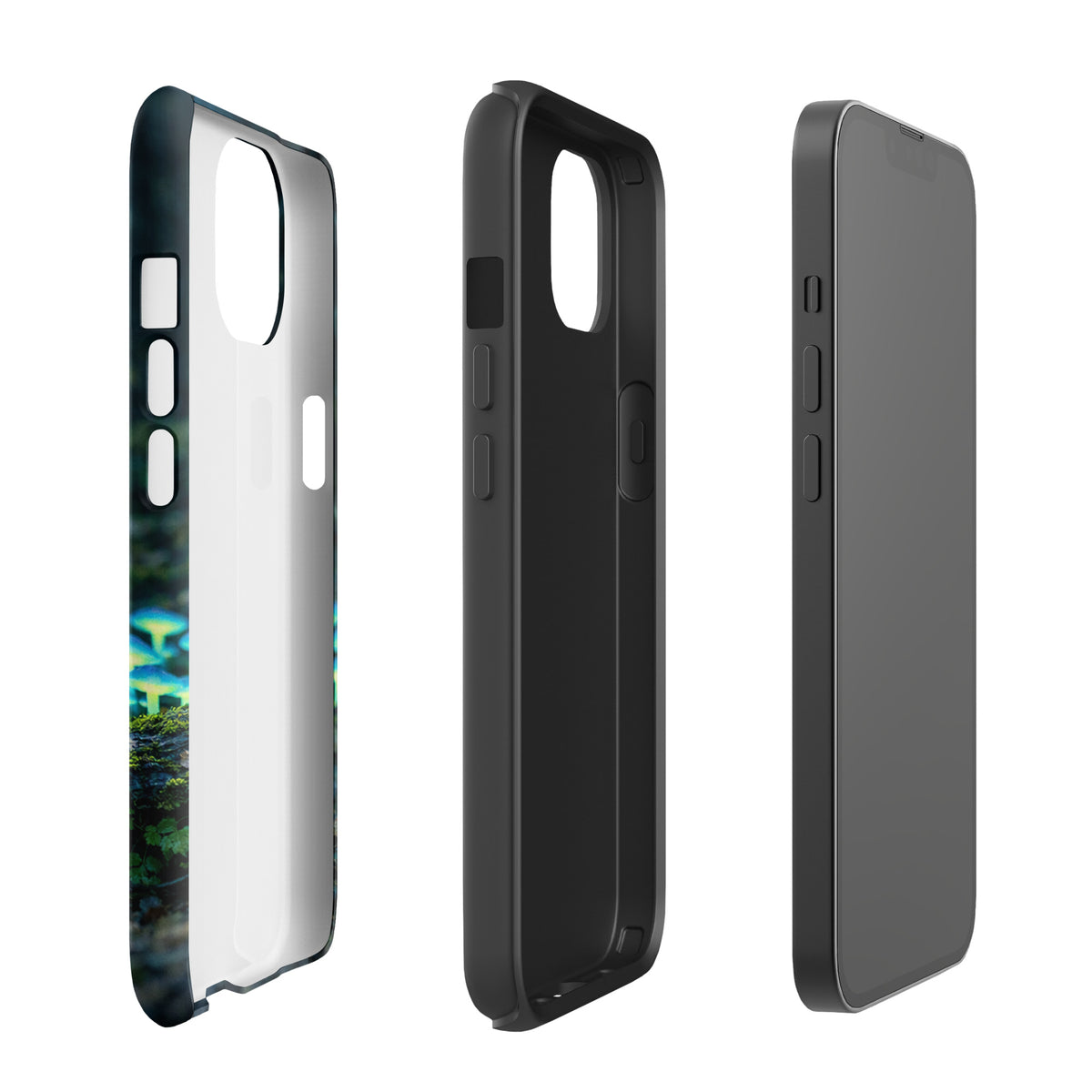 Phone Case for iPhone featuring glowing forest mushrooms with bioluminescent blue-green glow, highlighting magical woodland design.
