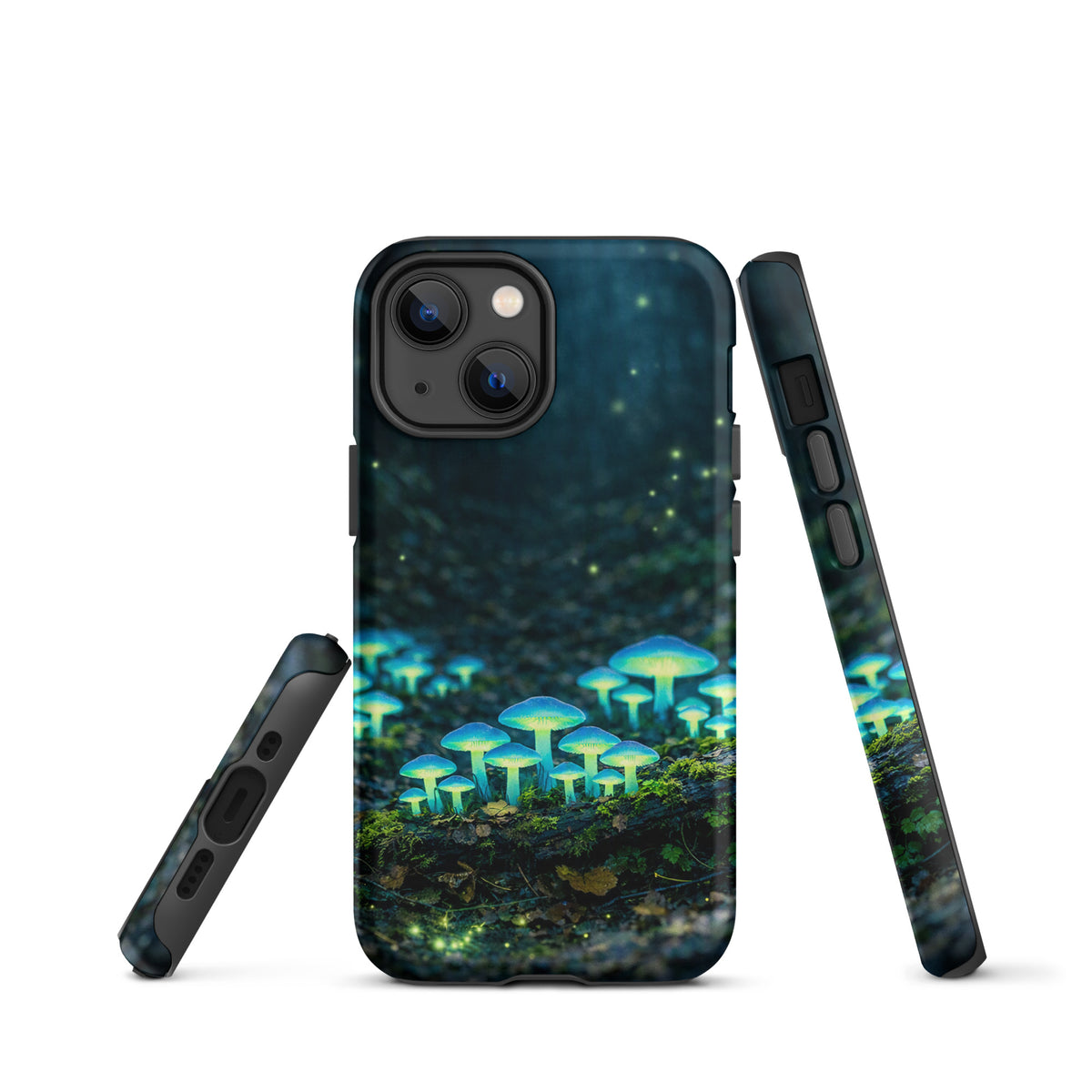 Phone Case featuring glowing forest mushrooms in mystical blue-green, perfect for iPhone lovers seeking a magical design.