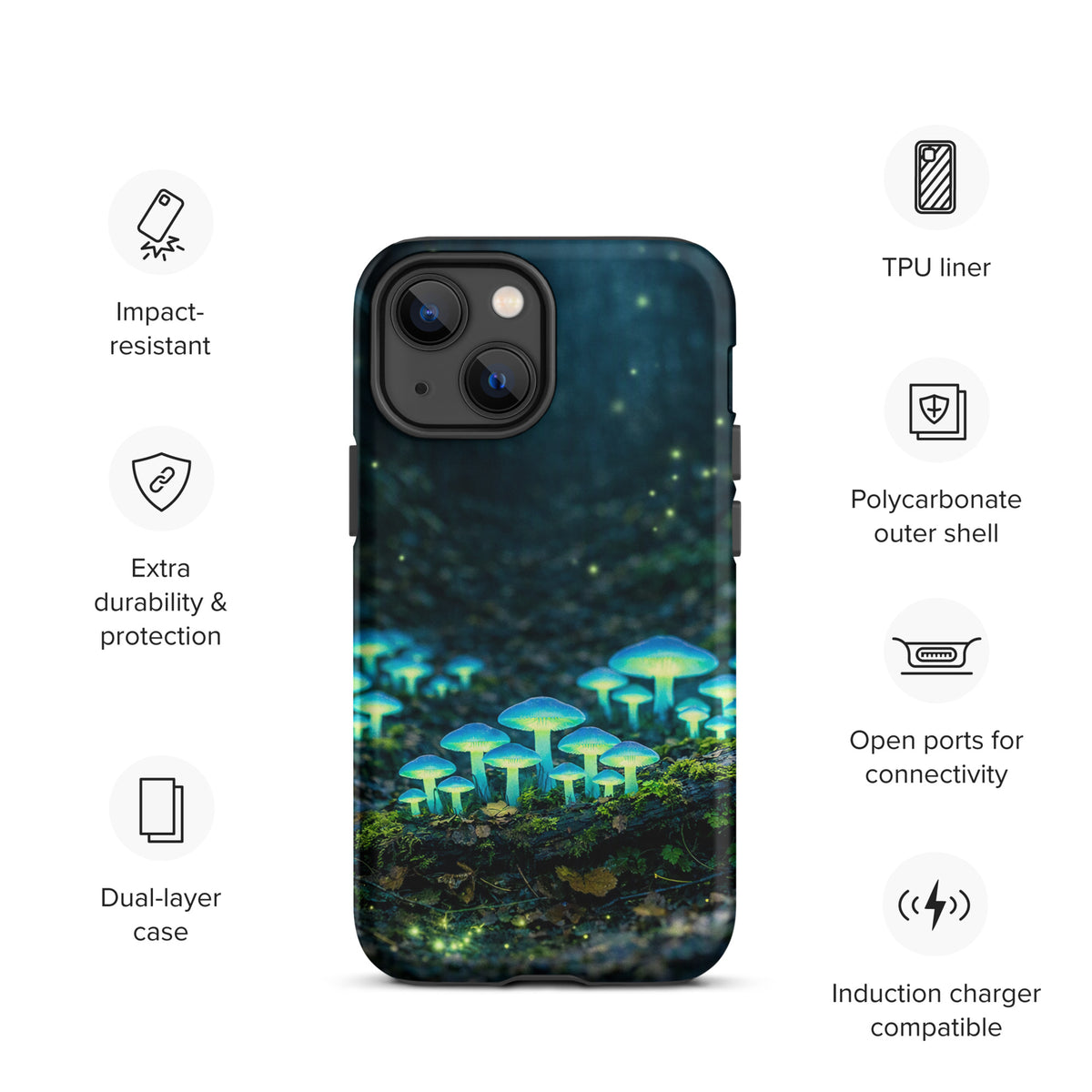 Phone Case for iPhone with glowing forest mushrooms in blue-green light, featuring bioluminescent design for a magical look.