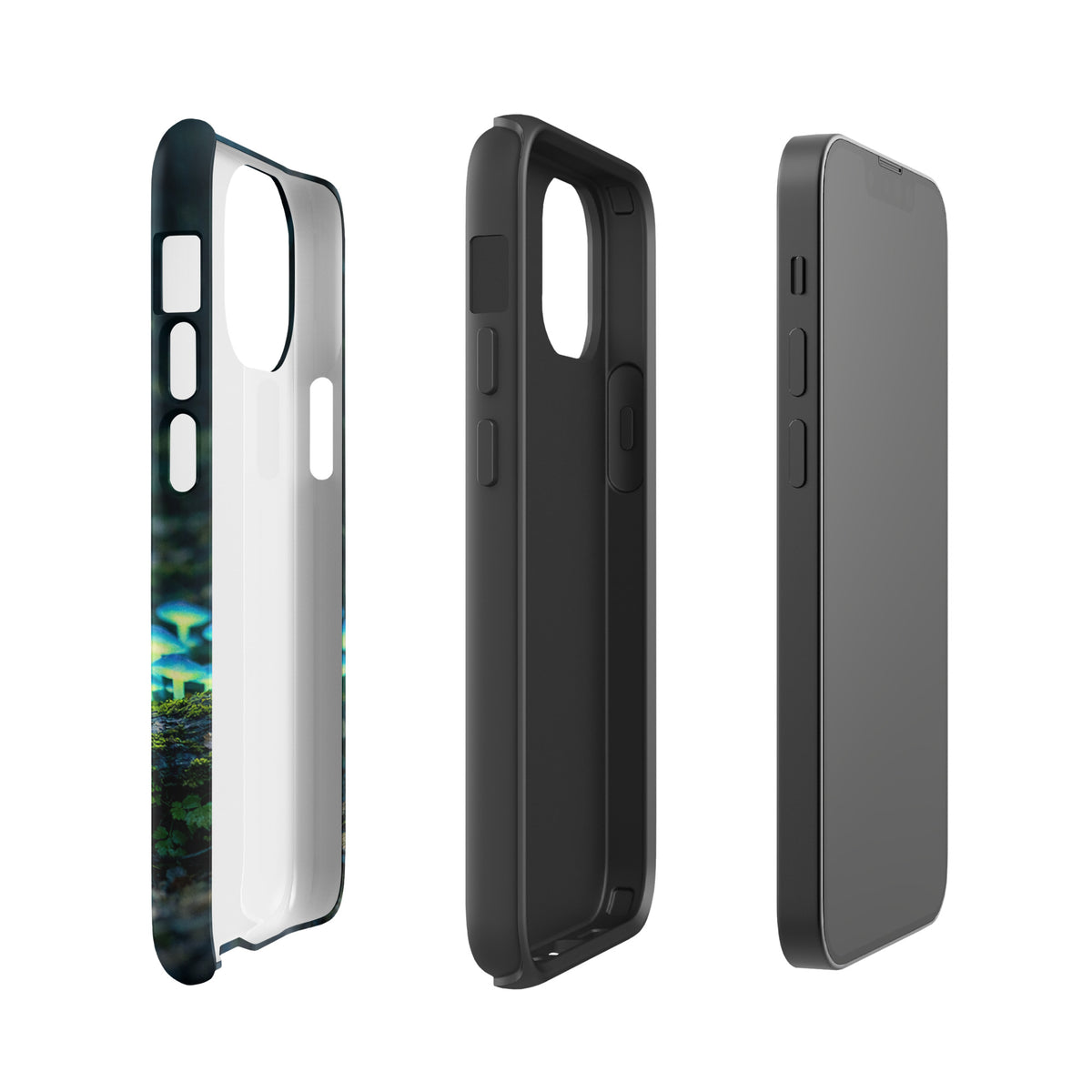 Phone Case for iPhone with glowing forest mushrooms design, featuring bioluminescent blue-green mushrooms in a magical woodland scene.
