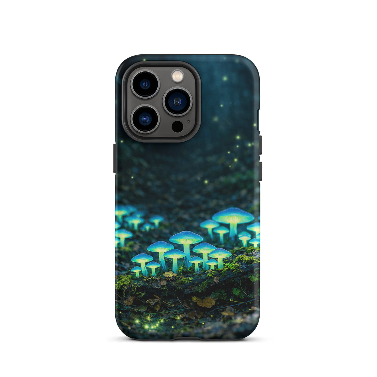 Phone Case featuring glowing forest mushrooms with ethereal blue-green glow, designed for iPhone in a dreamy, misty woodland scene.