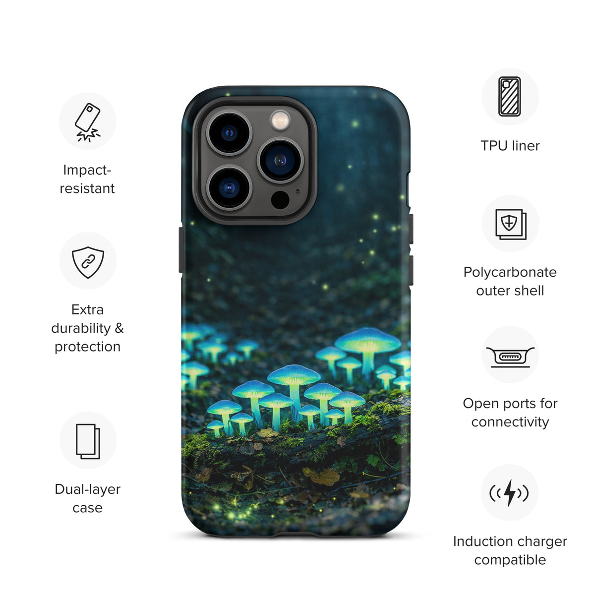 Phone Case for iPhone with glowing forest mushrooms, featuring bioluminescent blue-green fungi on a durable polycarbonate shell.