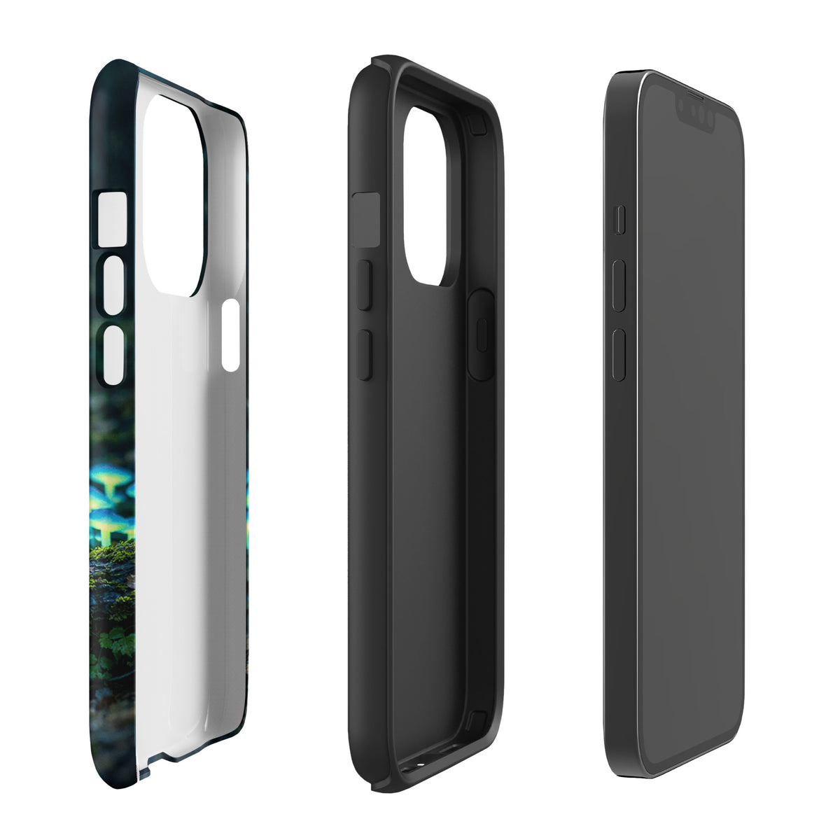 Phone Case for iPhone with glowing forest mushrooms design featuring bioluminescent blue-green mushroom clusters on a forest floor.