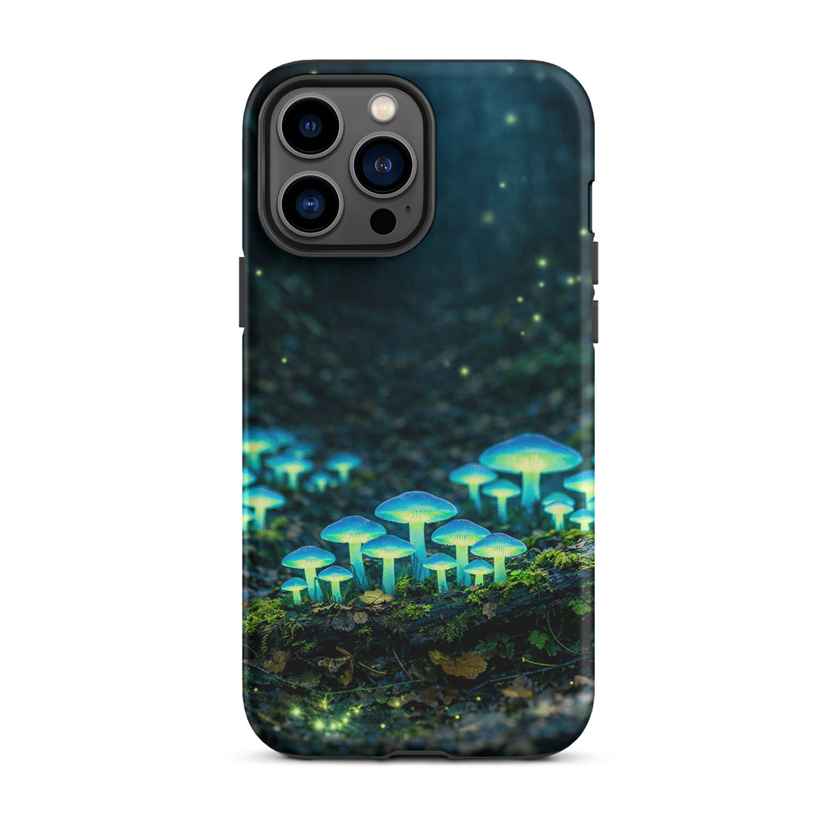 Phone Case featuring glowing forest mushrooms with ethereal blue-green bioluminescence, perfect for iPhone users seeking magical designs.
