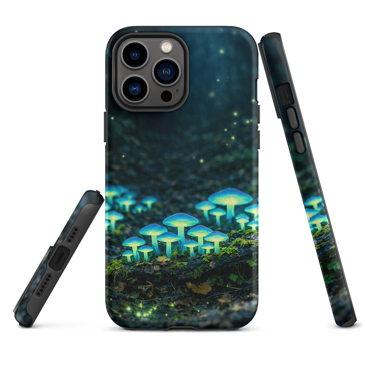 Phone Case featuring glowing forest mushrooms in a mystical woodland scene, designed for iPhone. Bioluminescent blue-green glow.