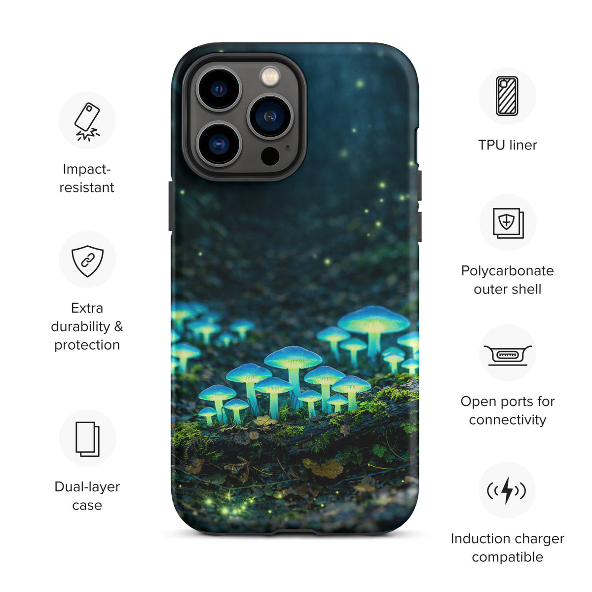 Phone Case for iPhone featuring glowing forest mushrooms with ethereal blue-green light, impact-resistant and durable design.