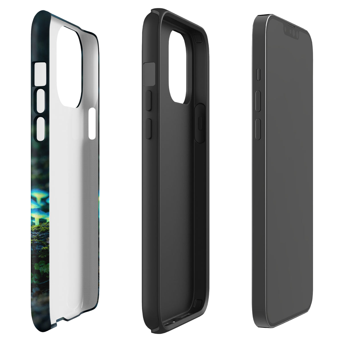 Phone Case for iPhone featuring glowing bioluminescent forest mushrooms on the case sides, shown from multiple angles.