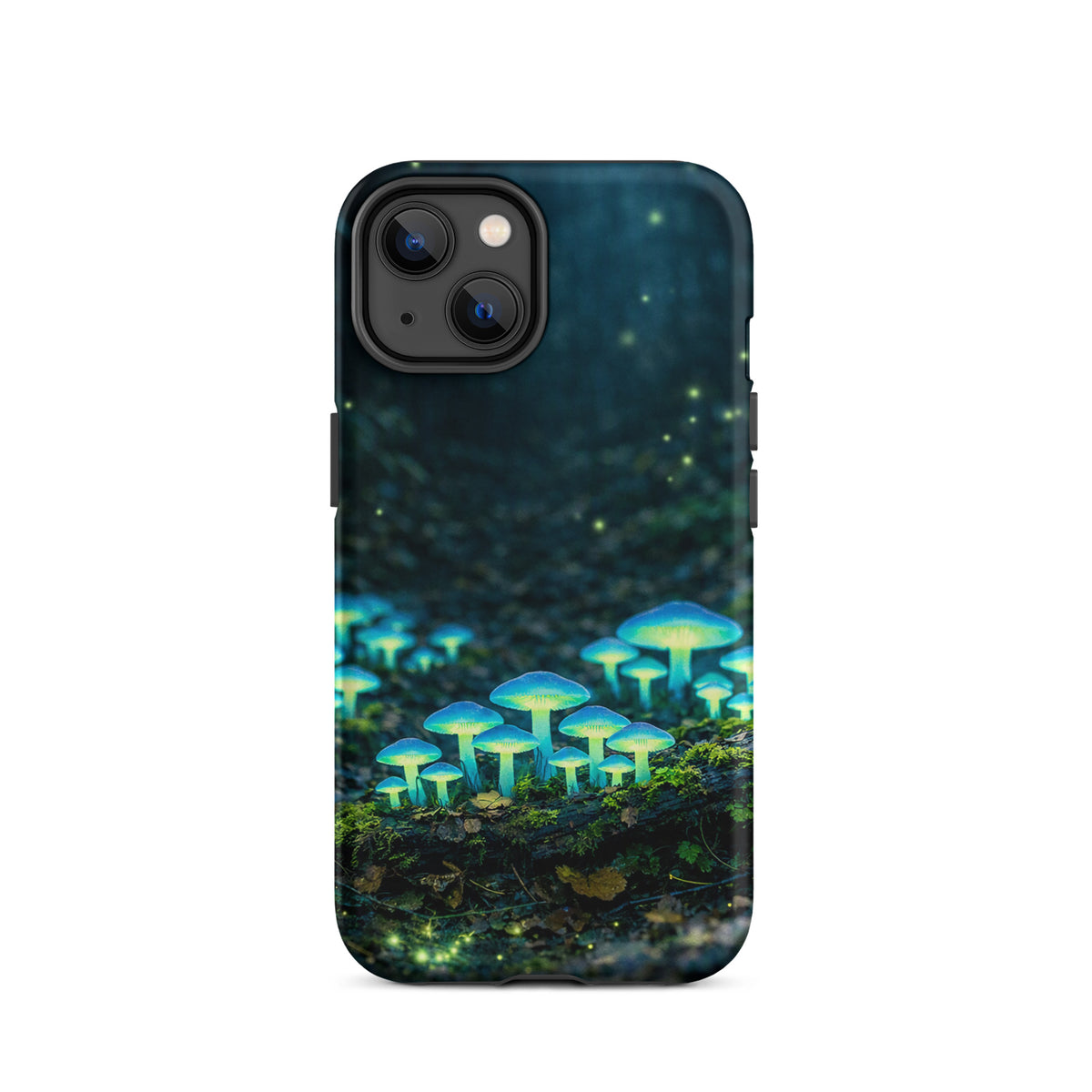 Phone Case for iPhone featuring glowing forest mushrooms with ethereal blue-green light in a dreamy forest scene.