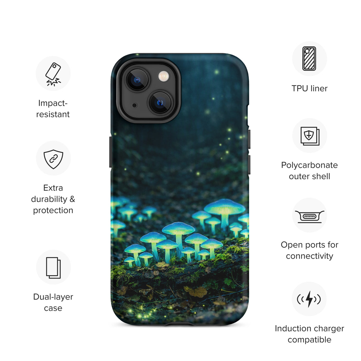 Phone Case for iPhone with glowing mushrooms in forest design, featuring ethereal blue-green bioluminescence, durable and impact-resistant.