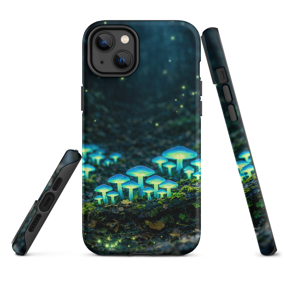 Phone Case for iPhone with glowing forest mushrooms, featuring bioluminescent blue-green fungi design, mystical woodland theme.