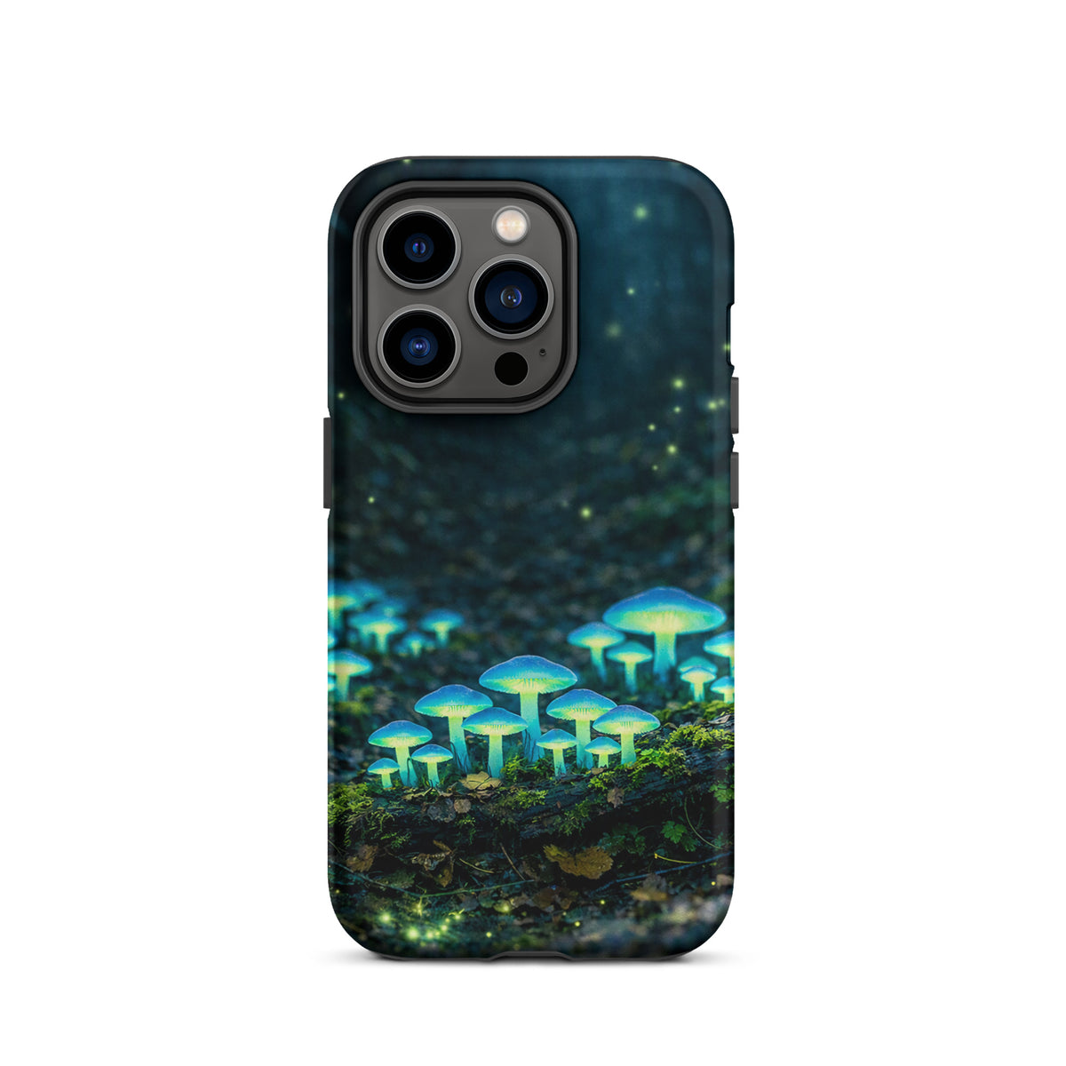 Phone Case for iPhone with glowing forest mushrooms design featuring bioluminescent blue-green fungi on a misty woodland floor.