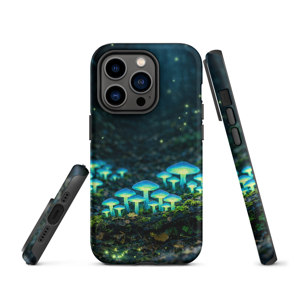 Phone Case featuring glowing forest mushrooms with ethereal blue-green light, magical design for iPhone lovers.