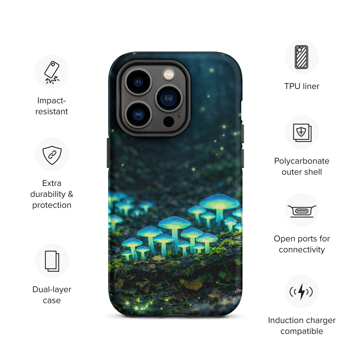 Phone Case featuring glowing forest mushrooms with ethereal blue-green light, designed for extra durability and connectivity.