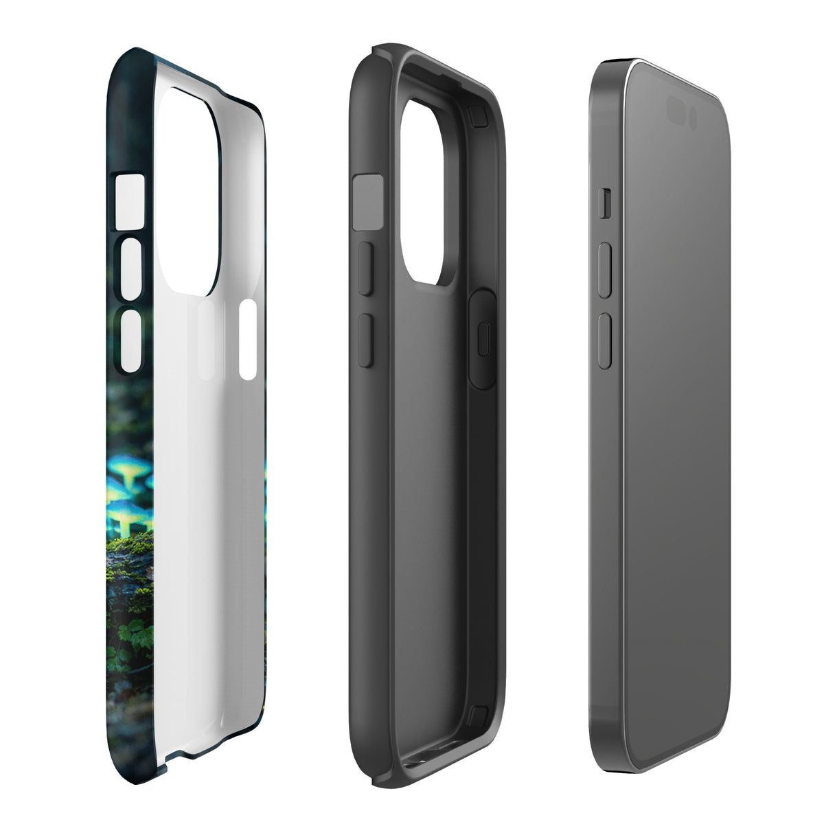 Phone Case with glowing forest mushrooms for iPhone, featuring bioluminescent design in blue-green hues.