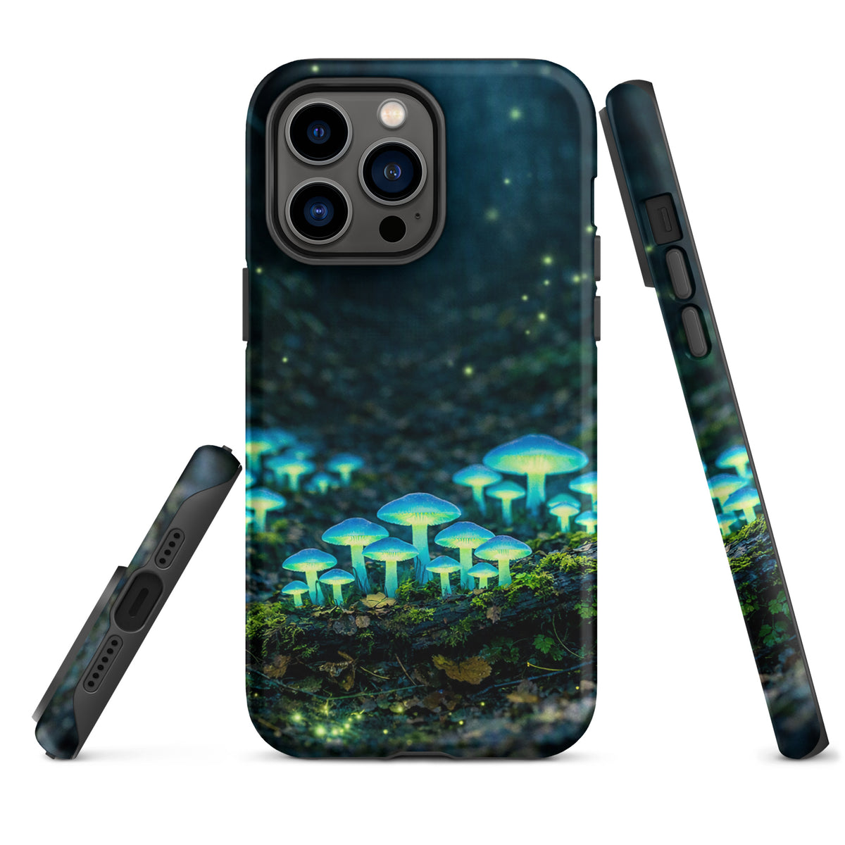 Phone Case with glowing forest mushrooms for iPhone, featuring blue-green bioluminescent mushrooms on a misty woodland scene.