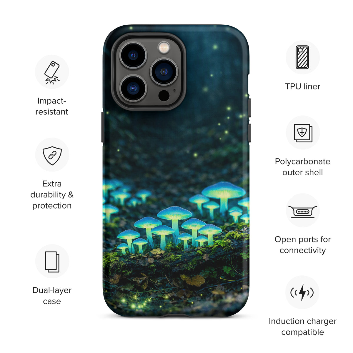 Phone Case for iPhone with glowing forest mushrooms and ethereal blue-green glow, featuring impact-resistant dual-layer design.