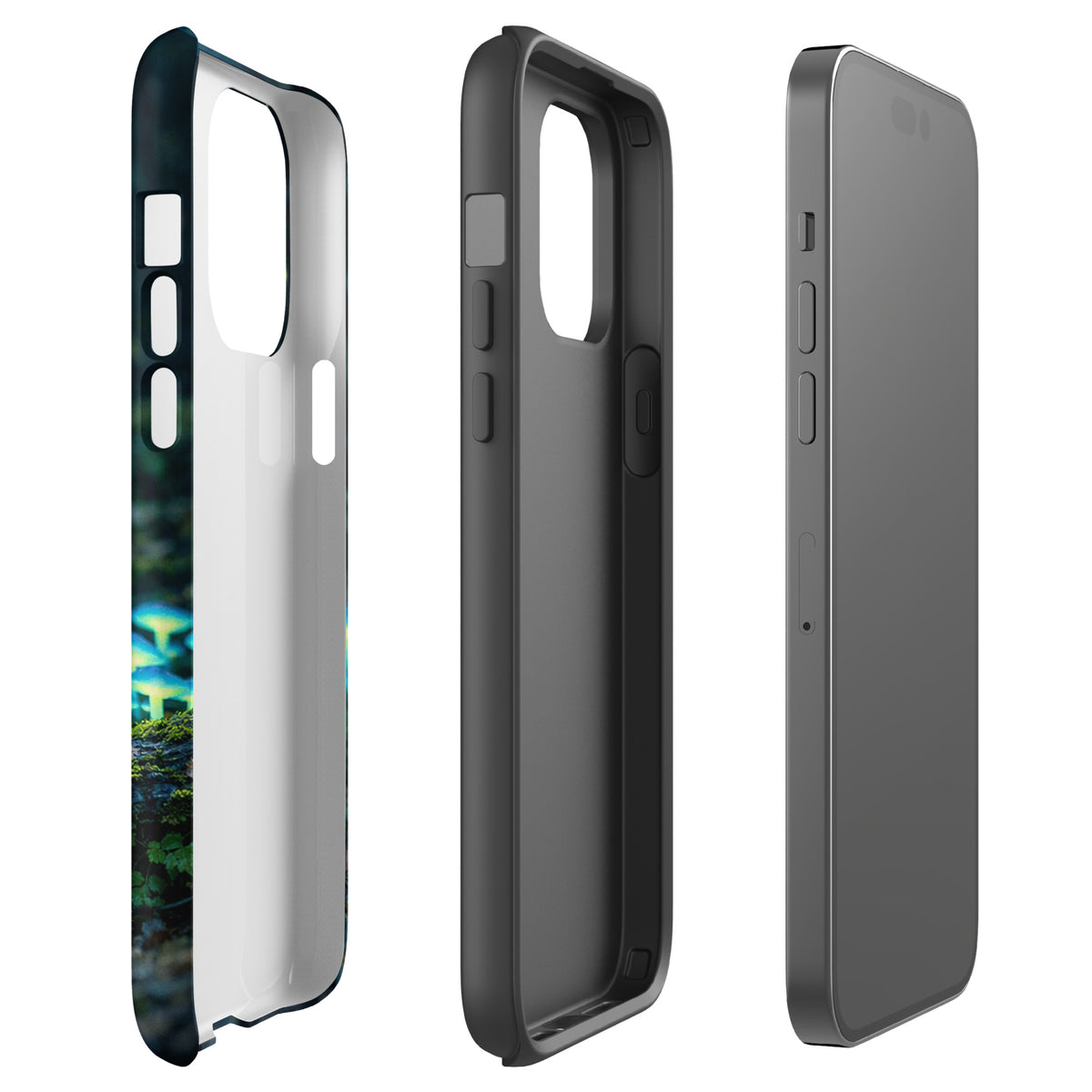 Phone Case featuring glowing forest mushrooms with ethereal blue-green bioluminescence for a magical iPhone accessory experience.