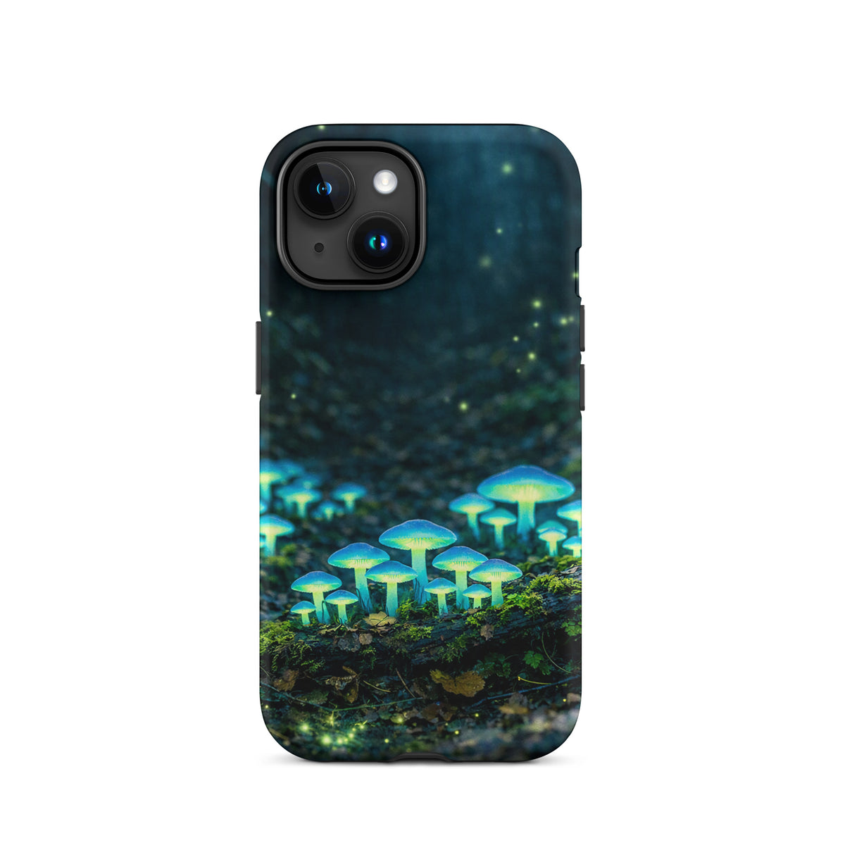 Phone Case for iPhone featuring glowing forest mushrooms with ethereal blue-green glow on a misty woodland scene.