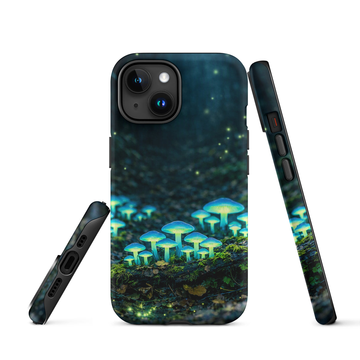 Phone Case with glowing forest mushrooms for iPhone, featuring bioluminescent design with ethereal blue-green glow in misty woodland.
