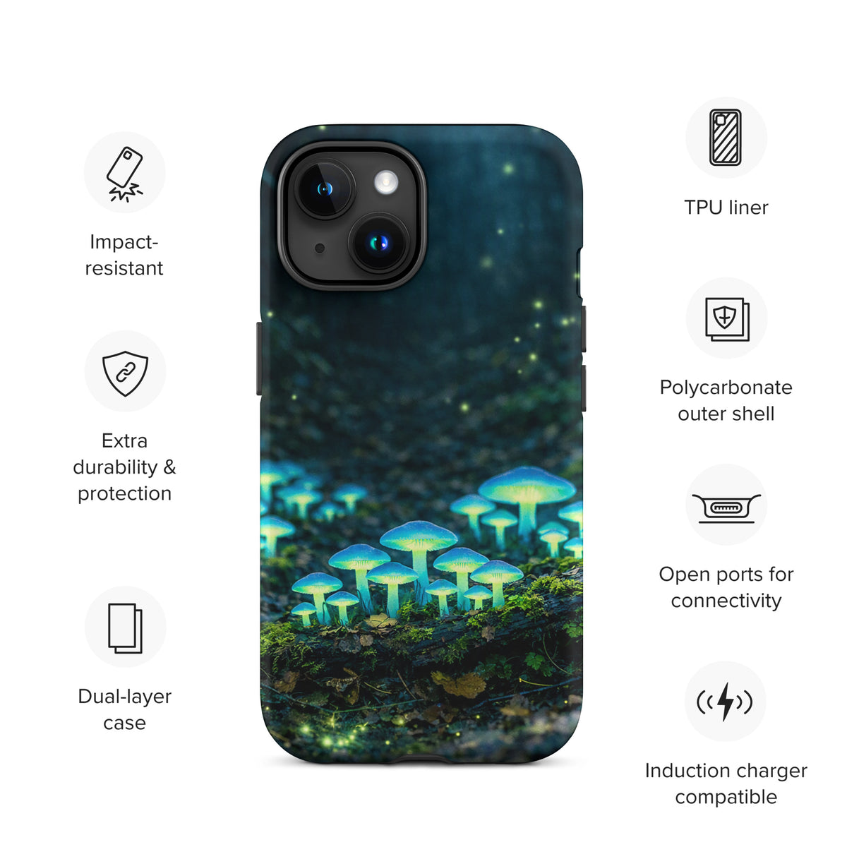 Phone Case for iPhone featuring glowing forest mushrooms with ethereal blue-green bioluminescence, showcasing durability and protection.