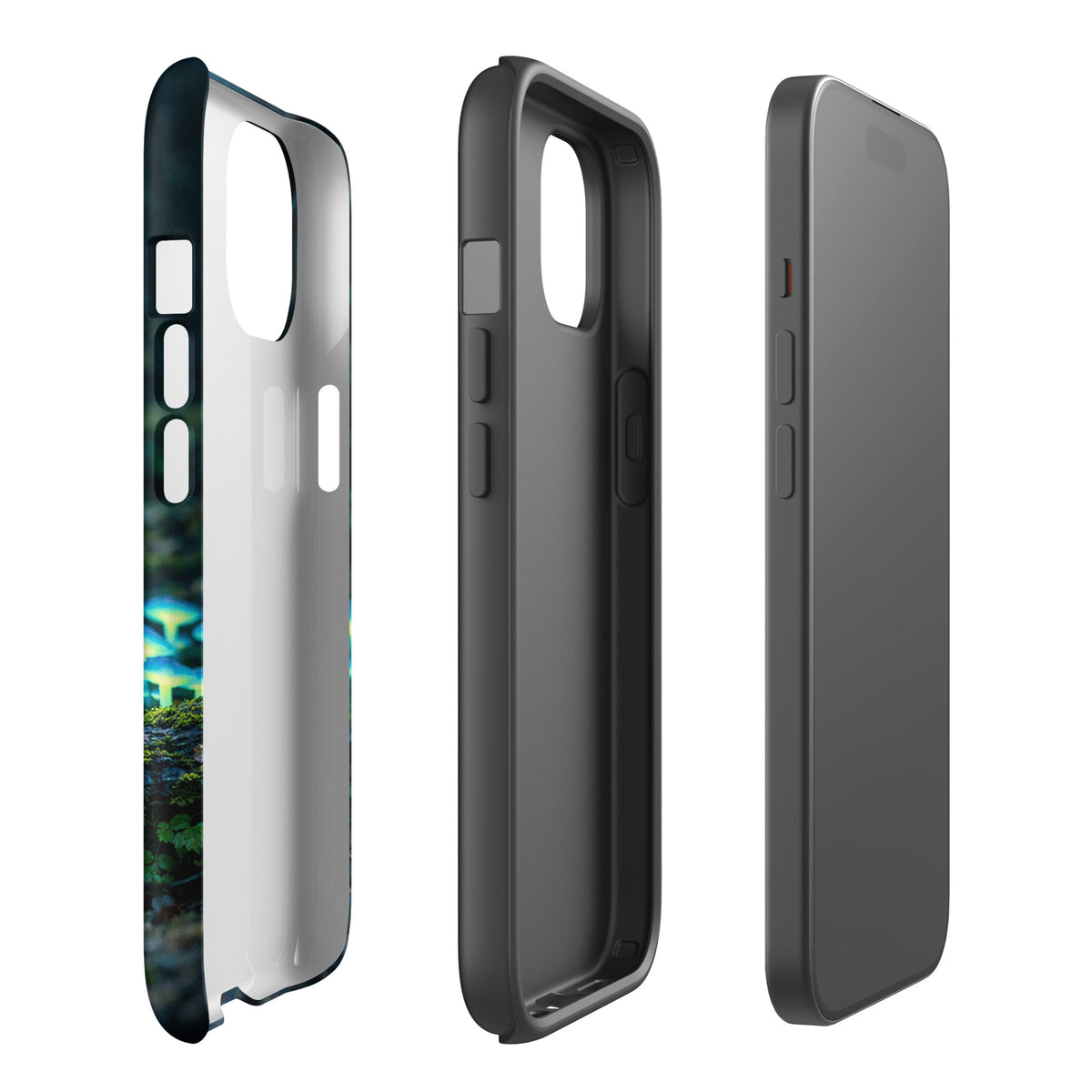 Phone Case for iPhone featuring glowing forest mushrooms with ethereal blue-green glow, side and angled views shown.