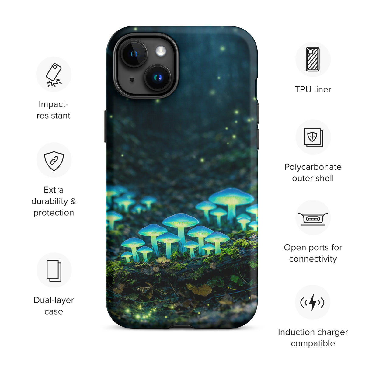 Phone Case for iPhone with glowing forest mushrooms design, showcasing ethereal blue-green bioluminescent fungi on a woodland floor.
