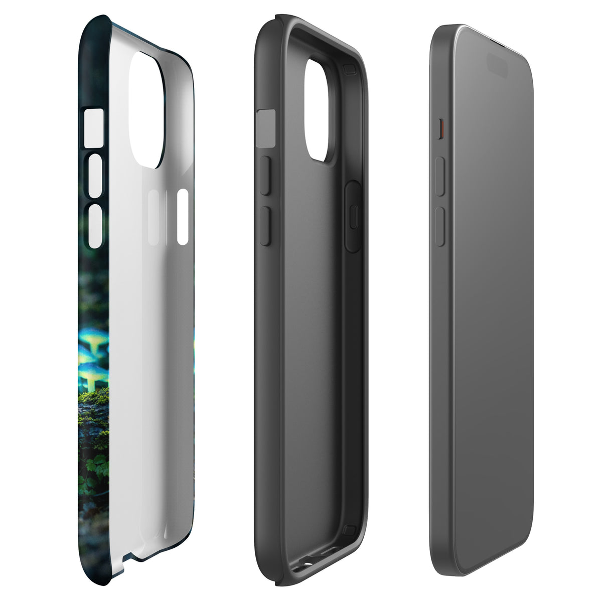 Phone Case for iPhone with glowing forest mushrooms, showcasing bioluminescent blue-green glow in a mystical woodland design