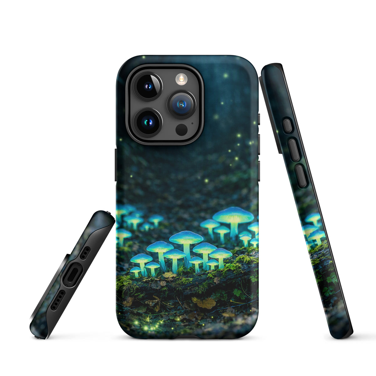 Phone Case for iPhone with glowing forest mushrooms in a misty woodland scene, featuring bioluminescent blue-green mushroom design.