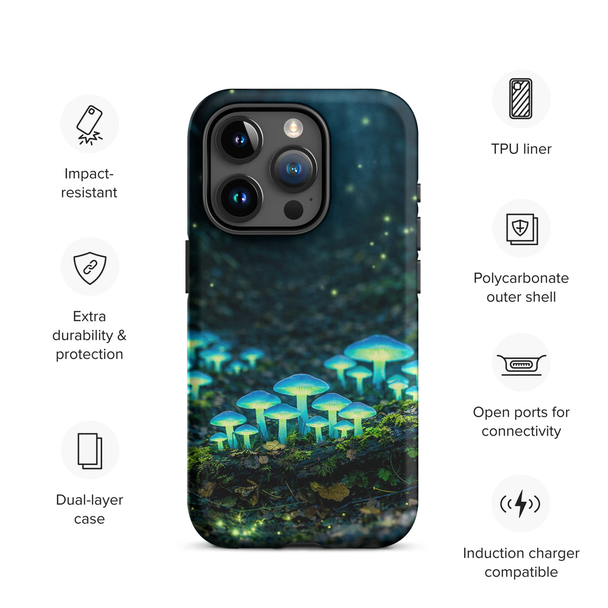 Phone Case with glowing forest mushrooms and bioluminescent blue-green design for iPhone, featuring a dreamy woodland scene.