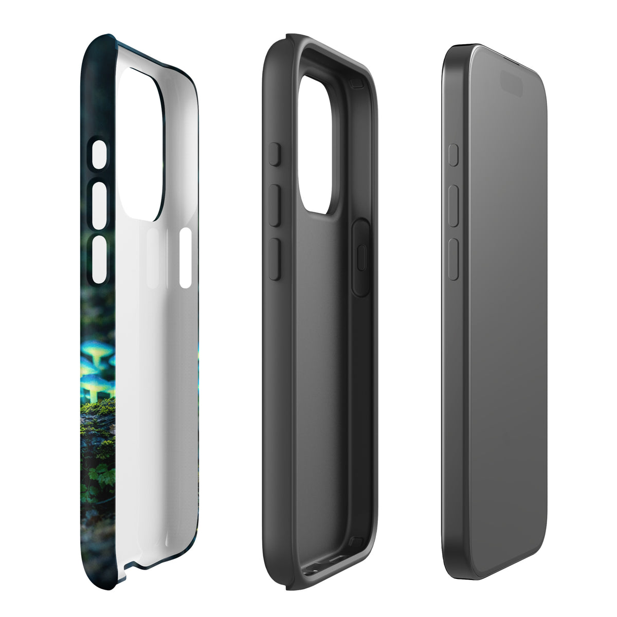 Phone Case for iPhone with glowing forest mushrooms design, showcasing ethereal bioluminescent mushrooms in misty woodland scene.
