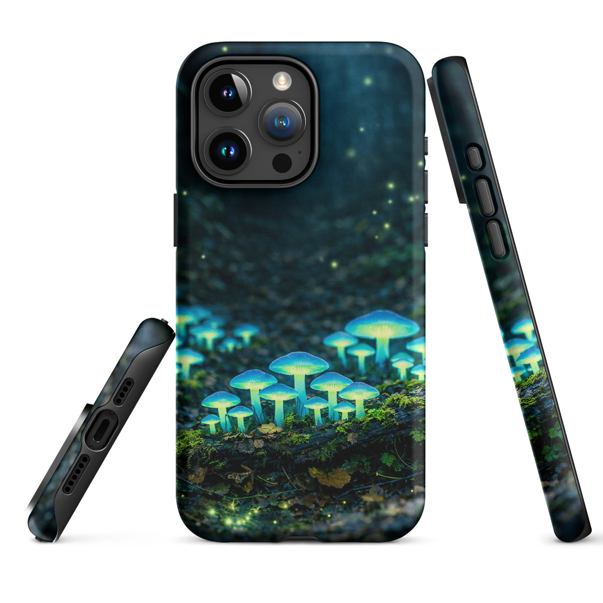 Phone Case for iPhone featuring bioluminescent mushroom design, glowing forest scene, mystical blue-green glow, magical woodland style