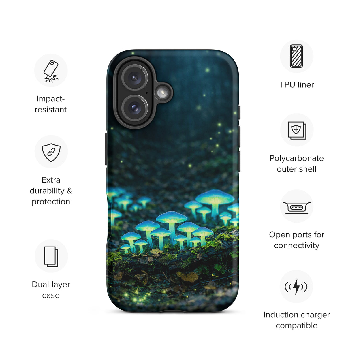 Phone Case for iPhone featuring glowing forest mushrooms with ethereal blue-green light for a magical woodland look.