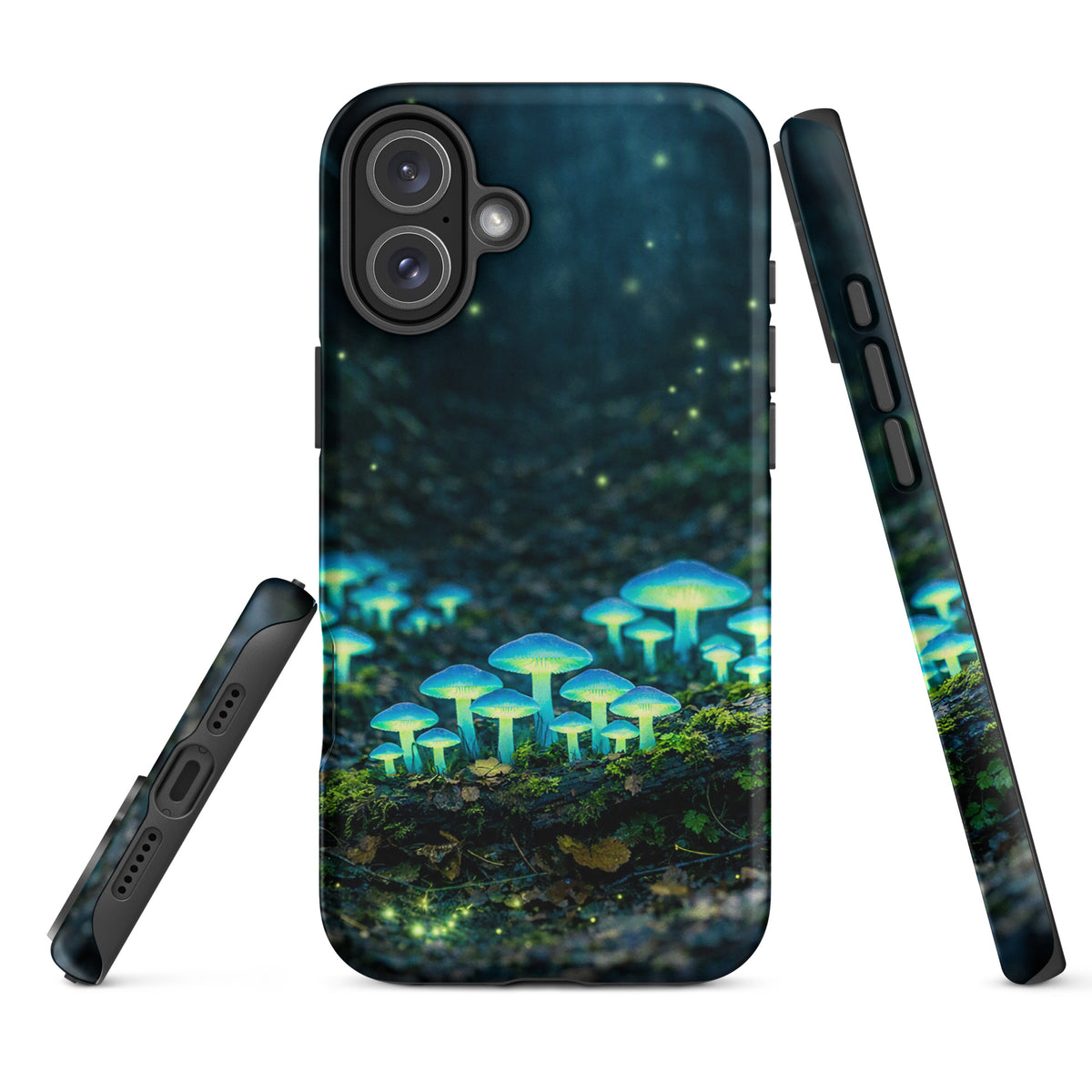 Phone Case for iPhone featuring glowing forest mushrooms with ethereal blue-green bioluminescent design.