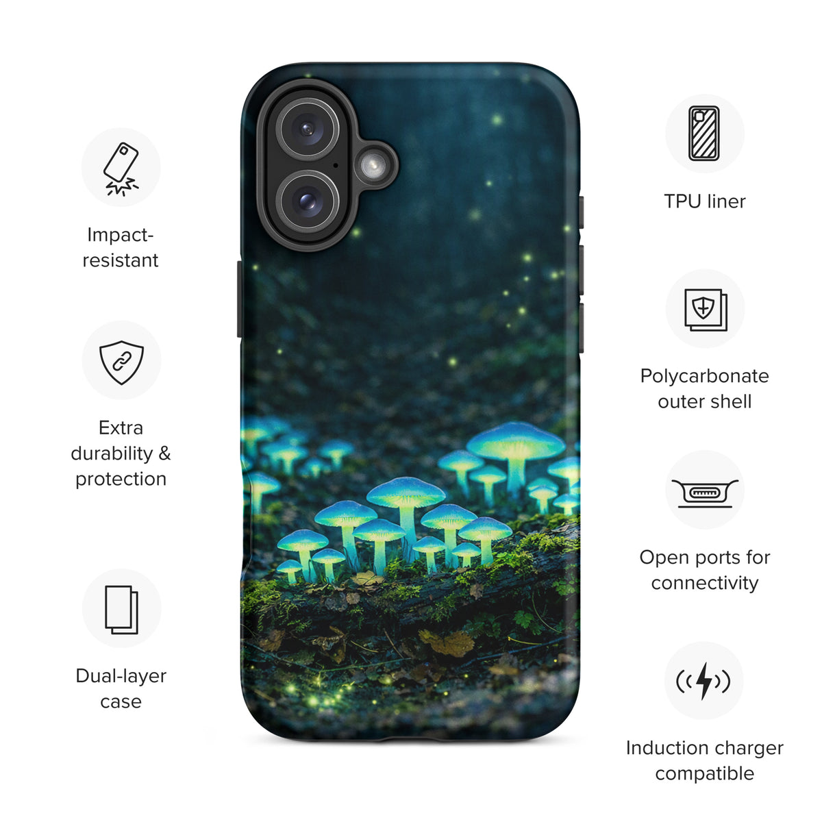 Phone Case for iPhone with glowing forest mushrooms and bioluminescent design, impact-resistant with polycarbonate shell.