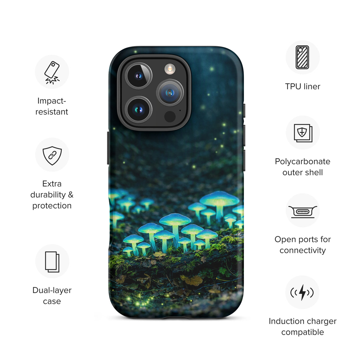 Phone Case for iPhone with glowing forest mushrooms, featuring ethereal blue-green bioluminescent design, durable and stylish.