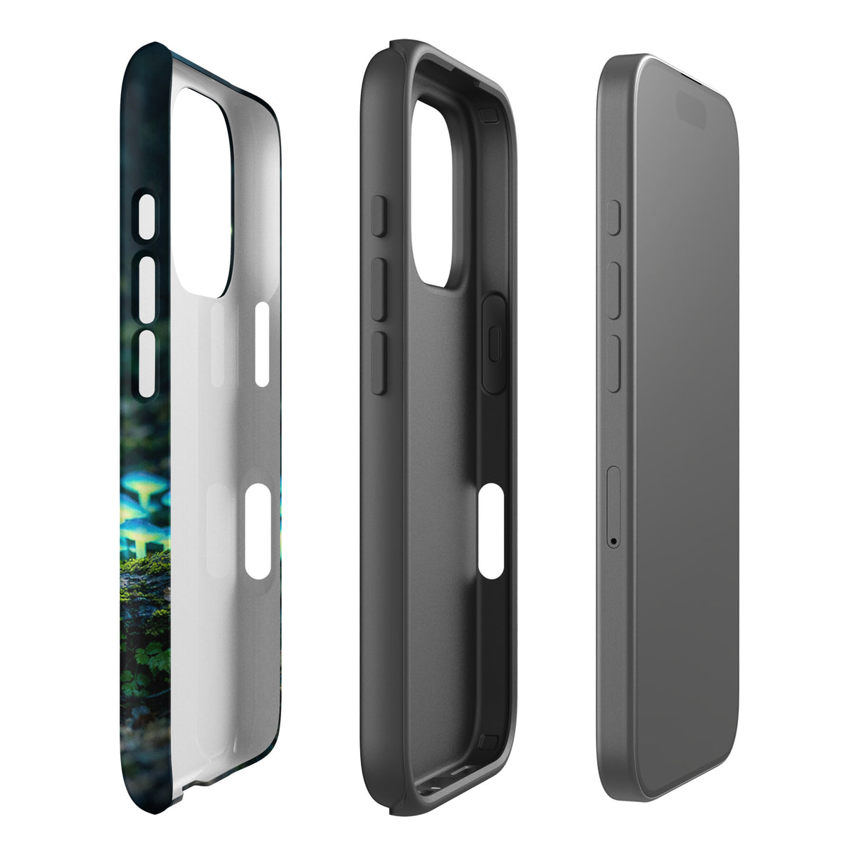 Phone Case for iPhone featuring glowing forest mushrooms with bioluminescent blue-green glow, creating a magical woodland scene.