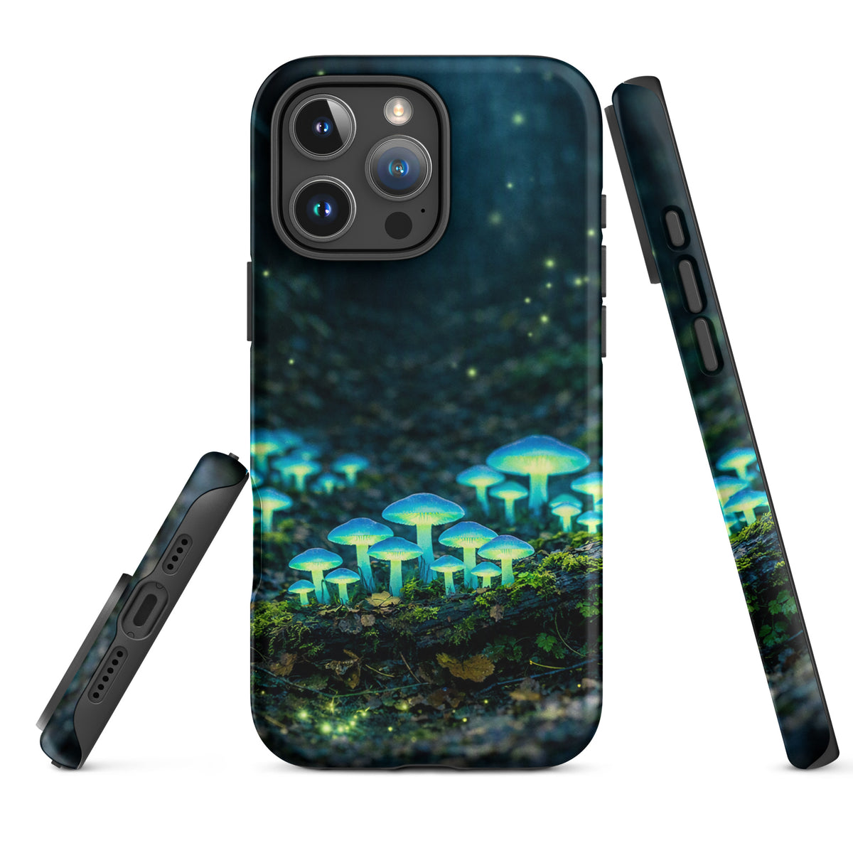 Phone Case for iPhone featuring glowing blue-green forest mushrooms on a misty woodland scene, showcasing bioluminescent design.