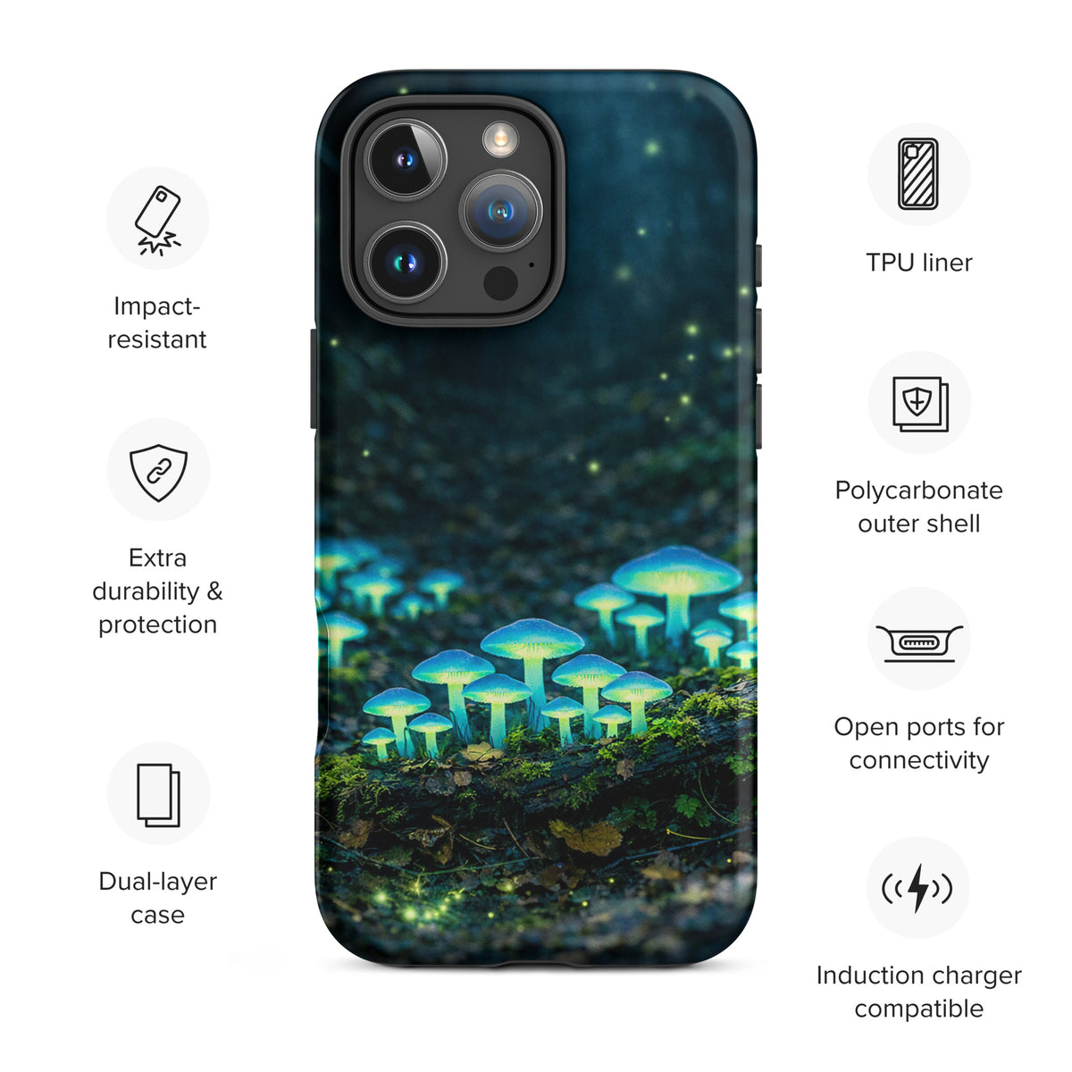 Phone Case for iPhone featuring glowing forest mushrooms with bioluminescent design, impact-resistant, dual-layer protection.