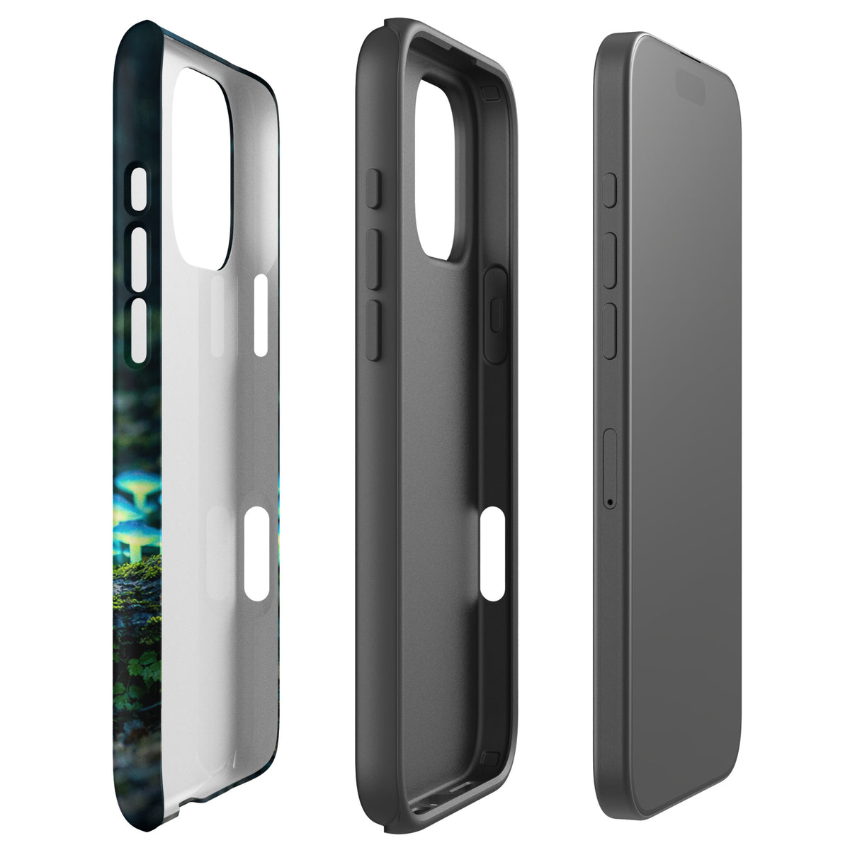 Phone Case for iPhone with glowing forest mushrooms, featuring bioluminescent blue-green design and misty woodland atmosphere.