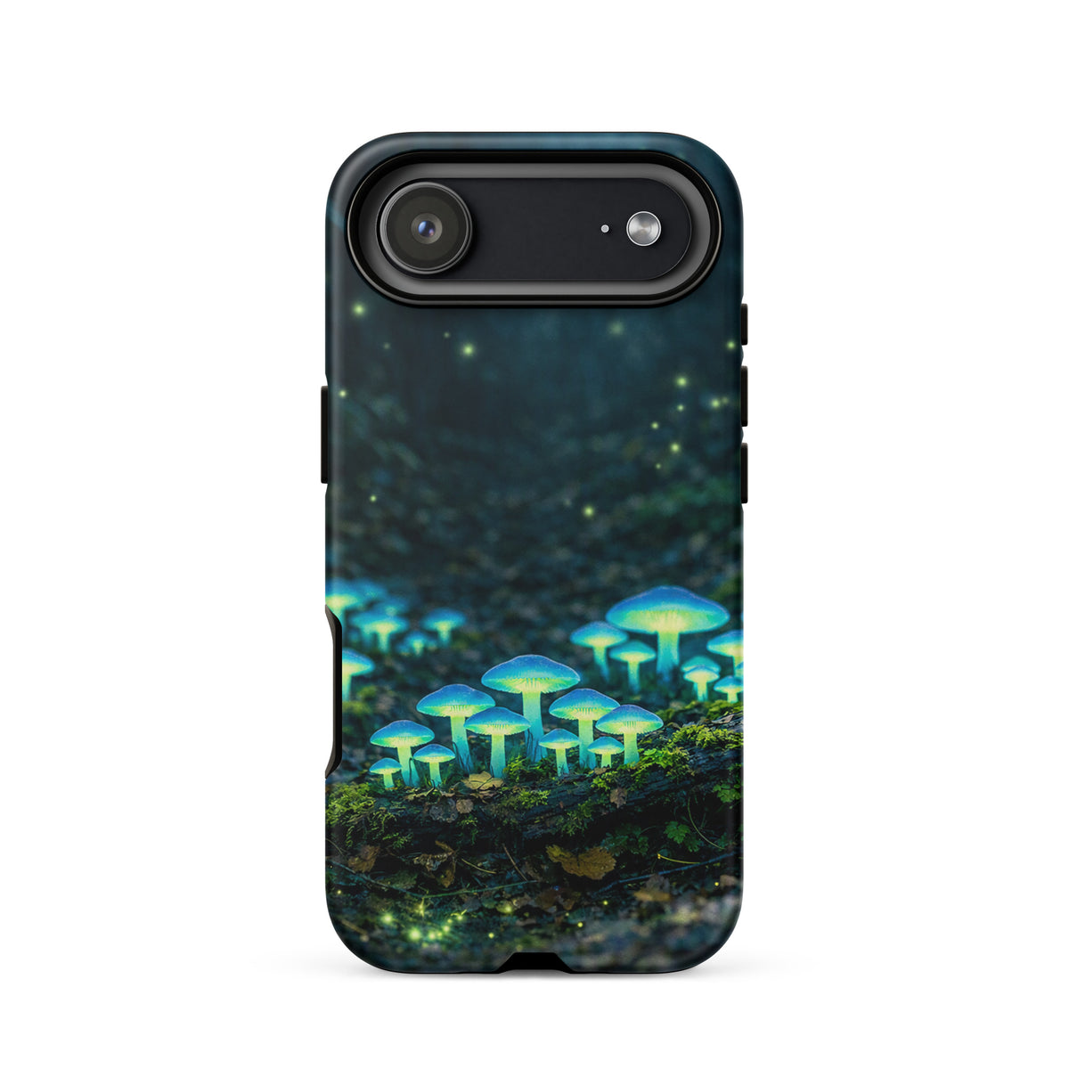 Phone Case featuring glowing forest mushrooms with a mystical blue-green glow, designed for iPhone. Magical woodland phone case design.