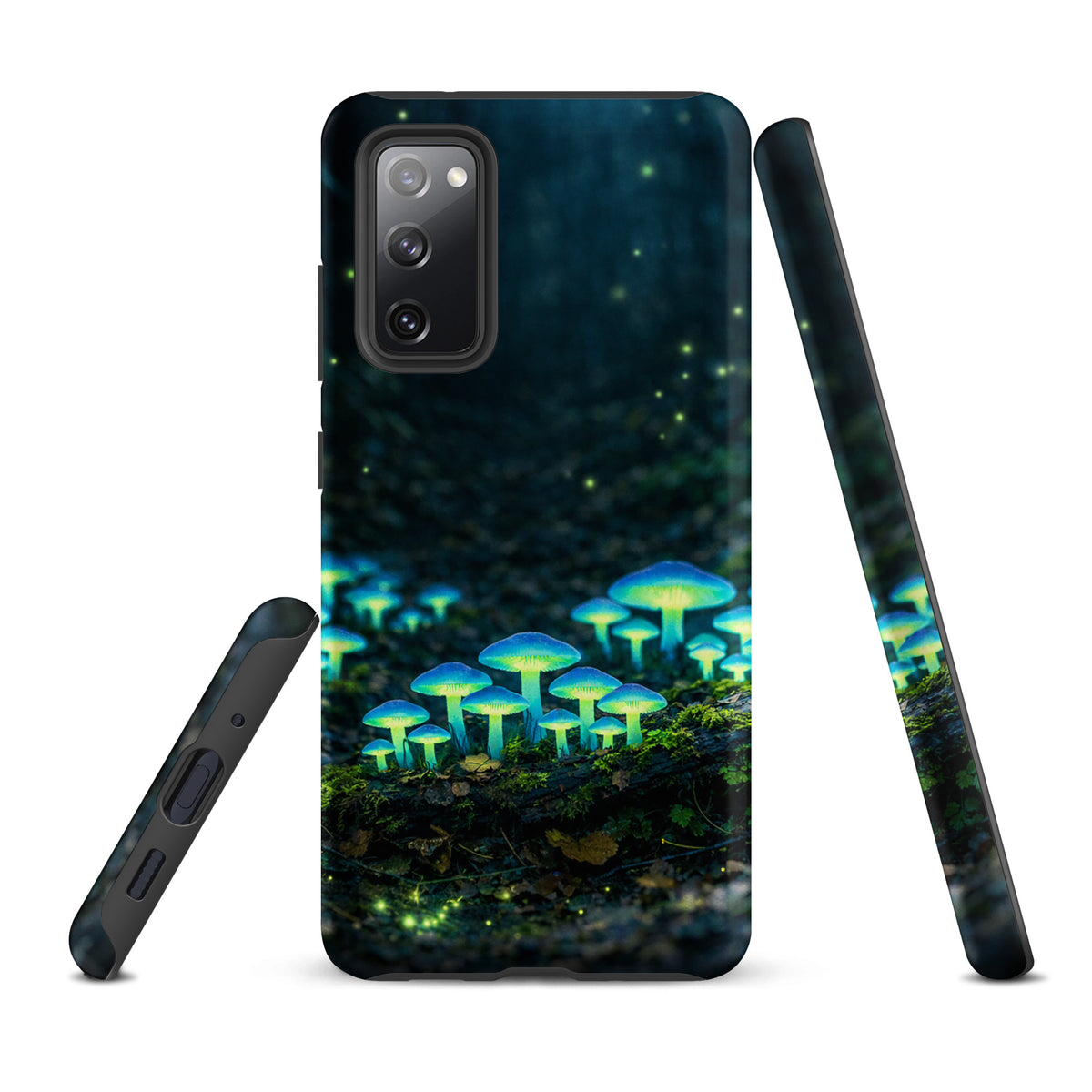 Phone Case featuring glowing forest mushrooms for Samsung Galaxy, showcasing bioluminescent blue-green fungi in a mystical woodland scene.