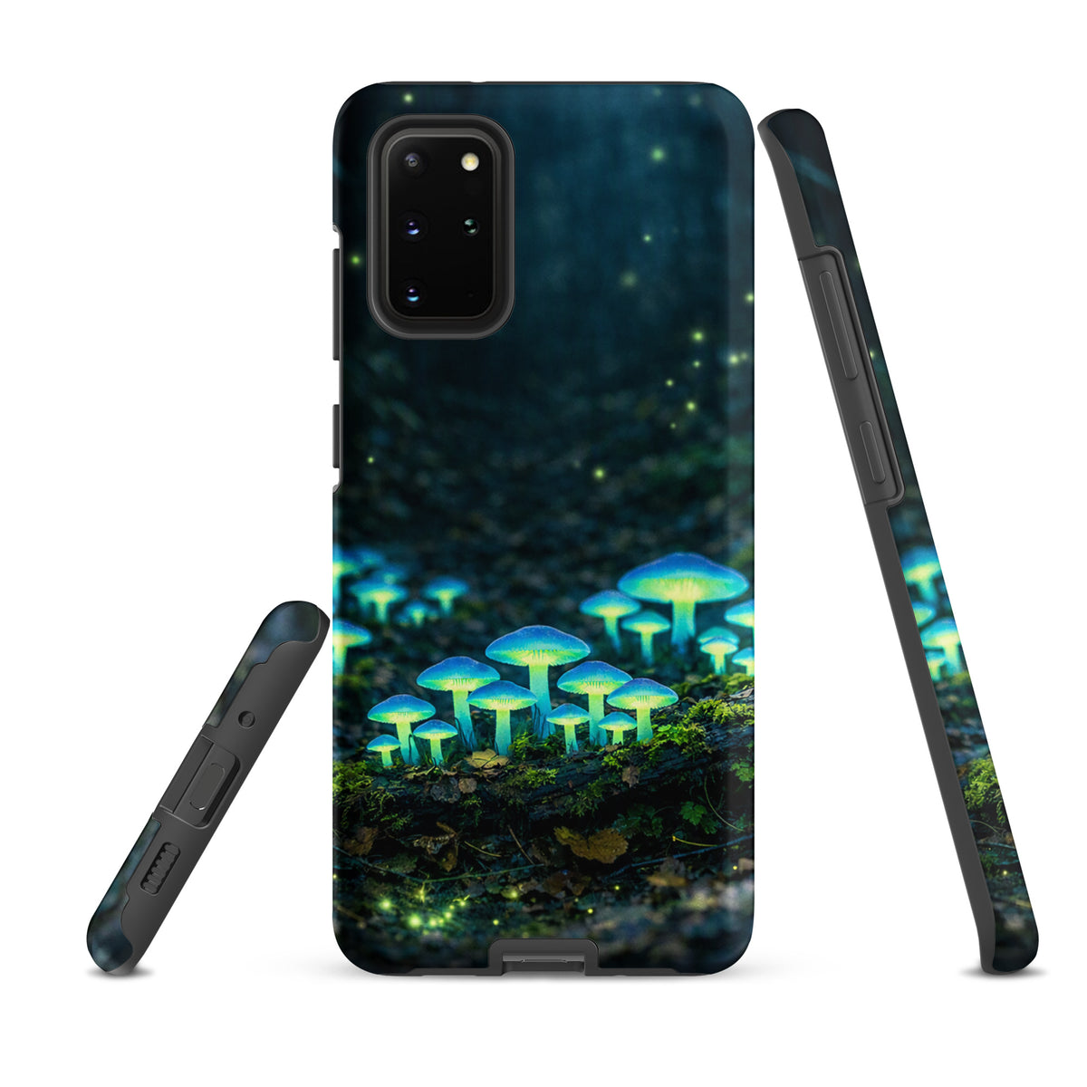 Phone Case for Samsung Galaxy with glowing mushrooms design in a forest setting, featuring ethereal blue-green bioluminescent fungi.