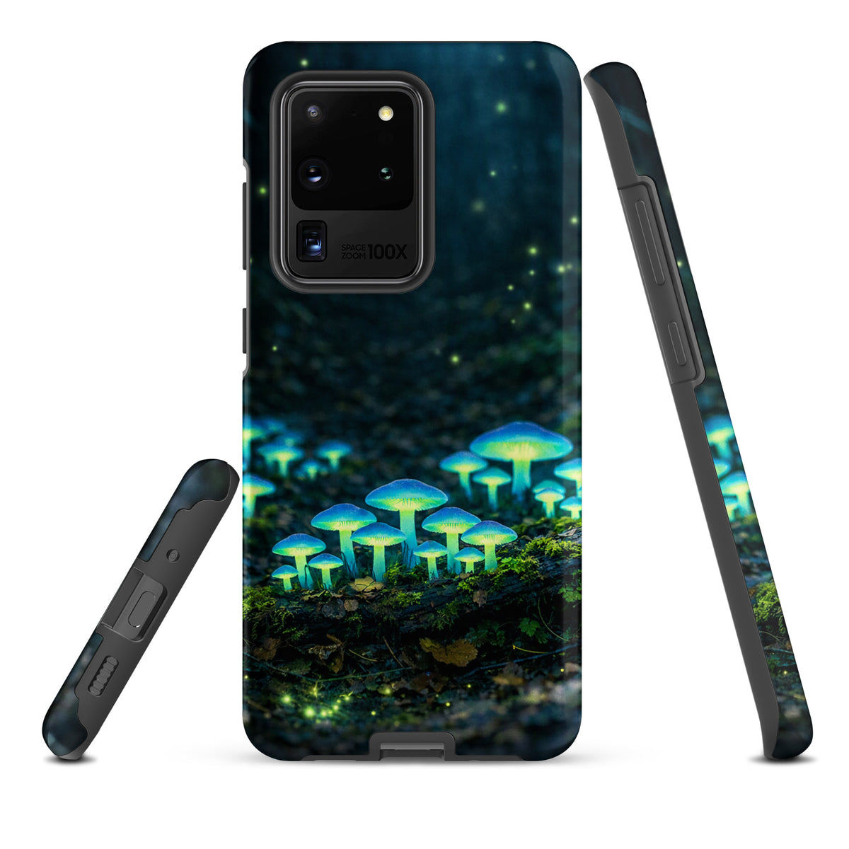 Phone Case featuring glowing forest mushrooms for Samsung Galaxy, showcasing bioluminescent blue-green mushroom design, mystical woodland scene.