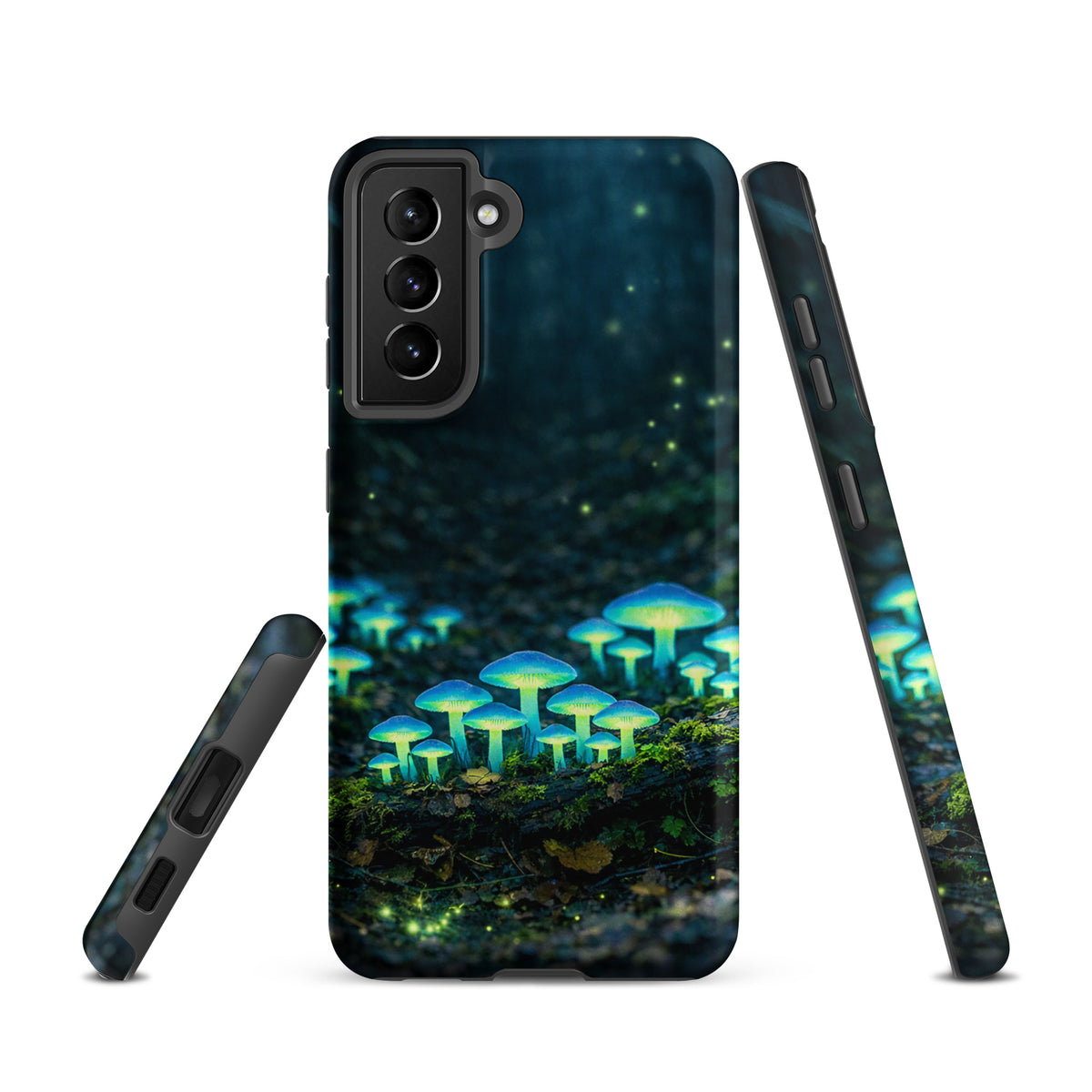 Phone Case for Samsung Galaxy featuring glowing forest mushrooms with ethereal blue-green light in a mystical woodland scene.